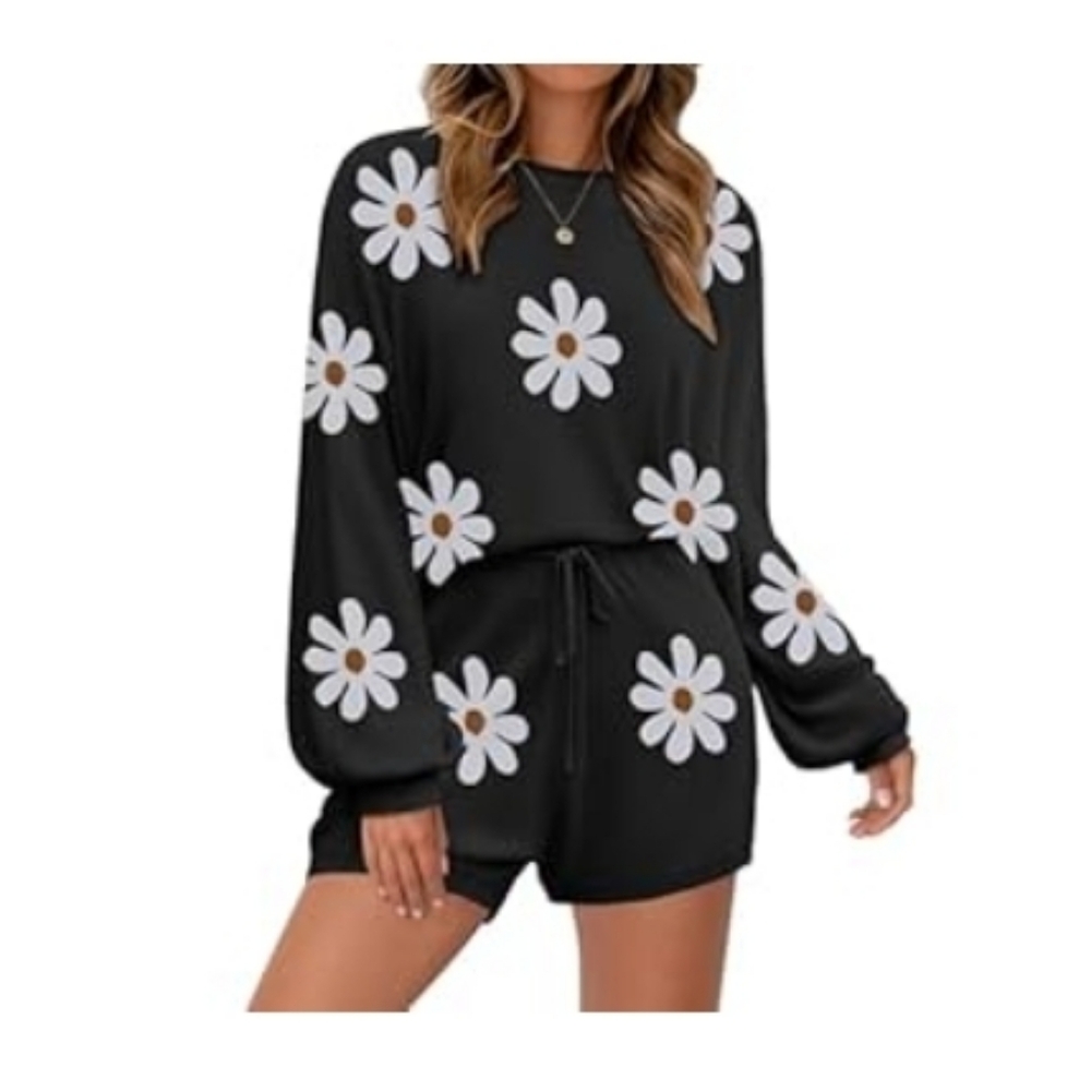 Black Floral Long Sleeve Knit and Shorts